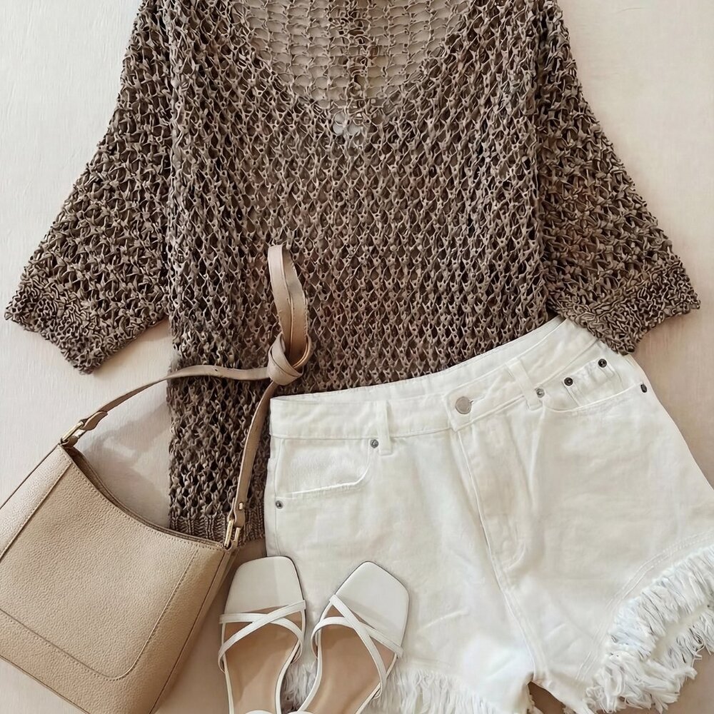 Khaki Casual Women's Loose Knitted V-Neck Sweater with Hollow-Out Short Sleeves - Picture 2 of 6